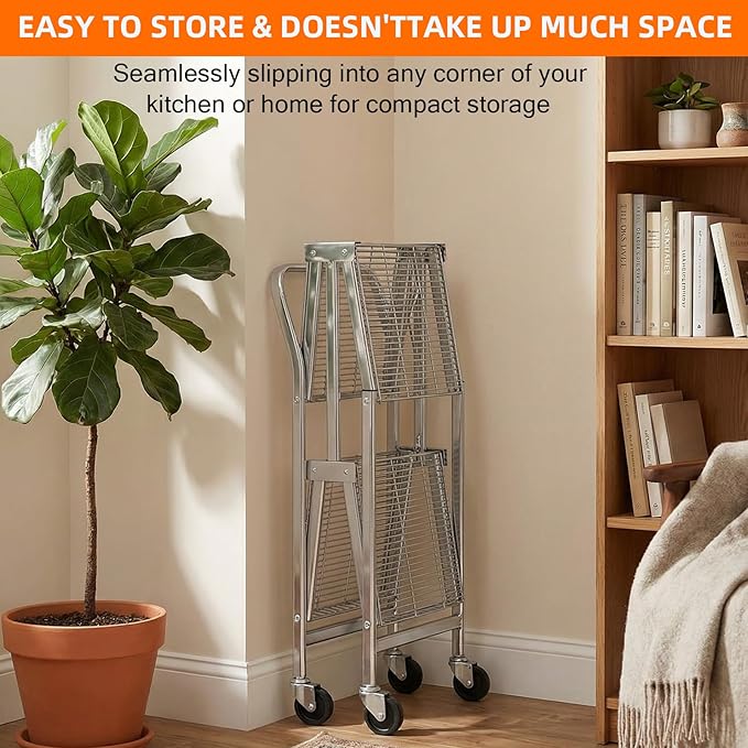 Collapsible 2 Shelf Wire Cart, Heavy Duty Collapsible Wire Rolling Utility Cart with Locking Brakes, 500lb Capacity, Folds Up for Storage, Chrome, 37.5" x 20.4" W x 36.2" H