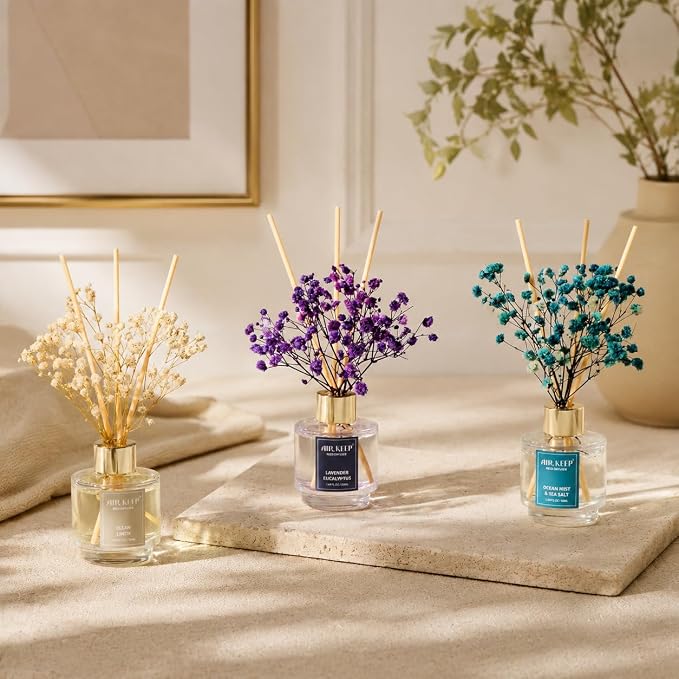 Reed Diffuser Set of 3, Clean Linen Ocean Mist&Sea Salt Lavender Eucalyptus Oil - Image 3