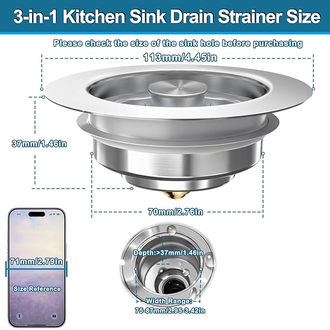 3-in-1 Kitchen Sink Drain Strainer Stopper, Upgraded Stainless Steel Sink Plug with Anti-Clog Filter Basket, Fits Standard 3-1/2 Inch Drain Hole, Pop Up Garbage Disposal Cover Food Catcher