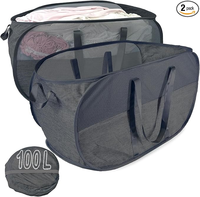 Extra Large Mesh Pop Up Laundry Hamper 2 Pack, 100L Collapsible Laundry Baskets by NairSnow