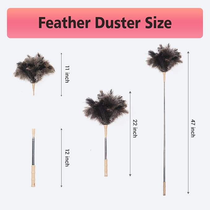 Extendable Ostrich Feather Duster, Natural Ostrich Feathers Long Handle Duster - Image 5