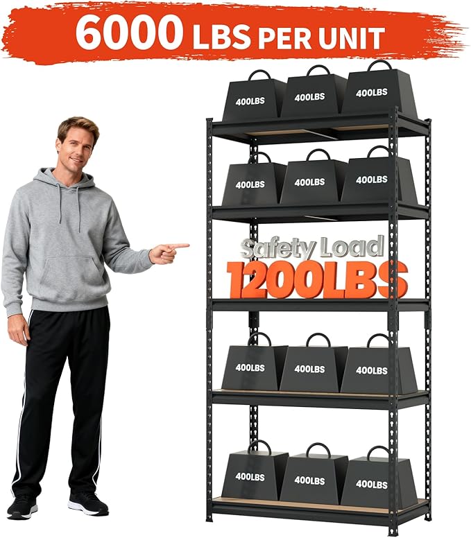 DYNALOAD 6000 Lbs Heavy Duty Garage Shelving, 5-Tier Adjustable Metal Storage Shelves, Boltless Steel Utility Rack for Garage Basement Warehouse, 36" W x 18" D x 72" H
