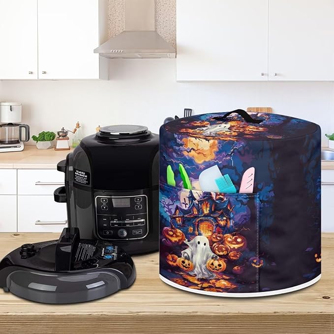 Halloween Theme Kitchen Appliance Decor 3 Quart Pressure Cooker/Air Fryer/Rick Cooker Dust Cover with Top Handle and Storage Pocket Halloween Castle Ghost Print