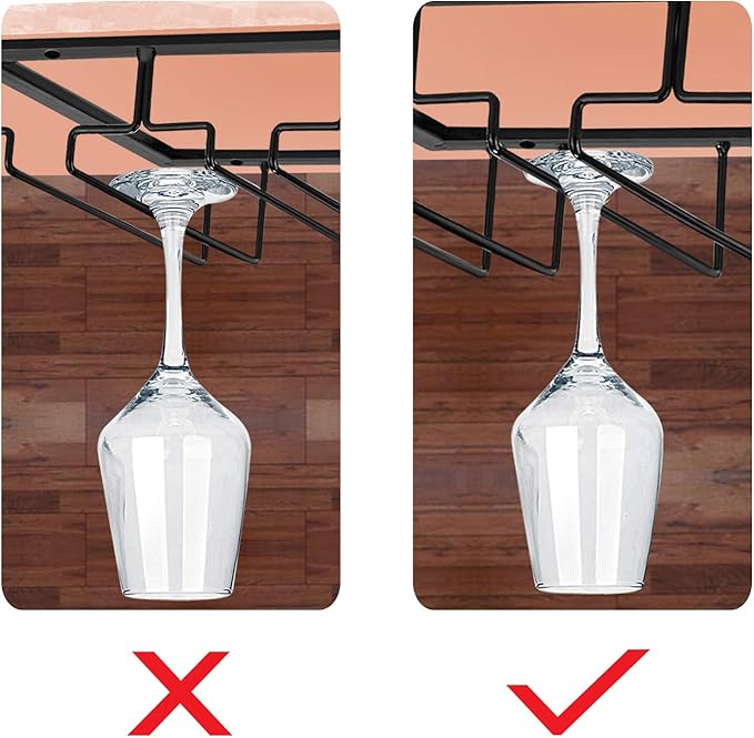 MOCOUM Wine Glasses Rack Under Cabinet Stemware Rack, Wine Glass Hanger Rack Wire Wine Glass Holder Storage Hanger for Cabinet Kitchen Bar (Black, 4 Rows 2 Pack)
