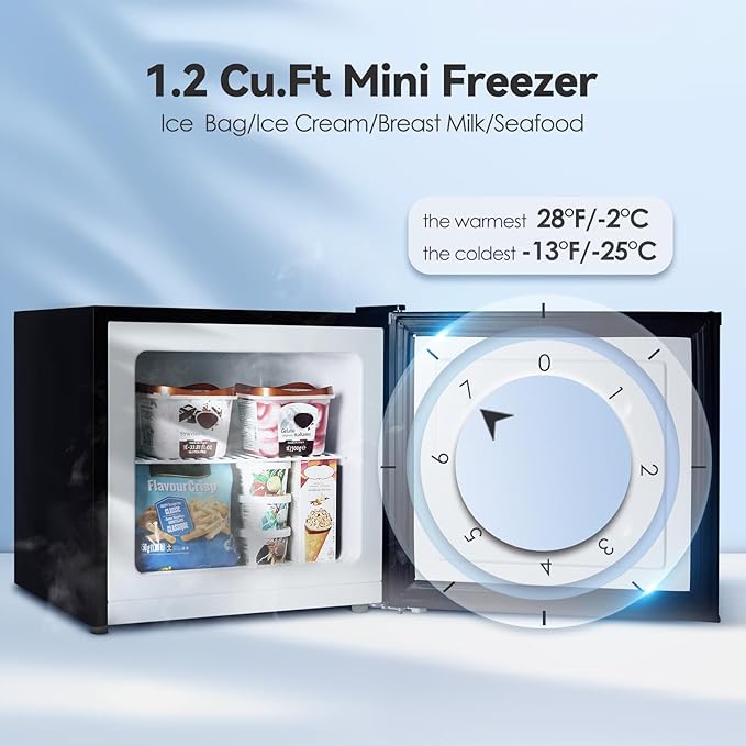 Mini Freezer Compact Upright Freezer, 1.2Cu.ft Small Freezer with Handle, Removable Shelves, Adjustable Thermostat, Low Noise Mini Freezers for Bedroom, Apartment, Home, Office, Black