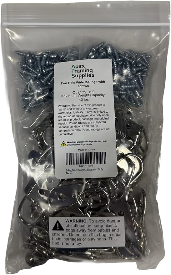 D-Ring Picture Hangers with Screws – 100 Pack Two Hole Wide Strap Hangers for Picture Frames, Photos, Mirrors, Wall Decor, and Paintings – 40 lb Capacity (100 Pack)