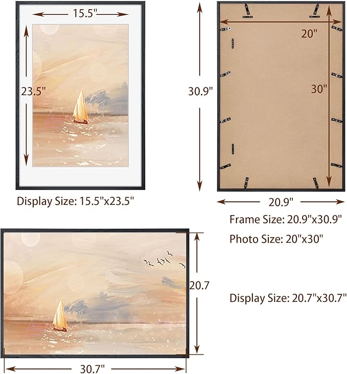 Fun Memories 20x30 Black Picture Frames 2 Pack, Solid Oak Wood Large 20"x30" Poster Frames for Home Decor, Rustic Wooden Frame with Tempered Glass, 20 x 30 Frame Matted to 16 x 24