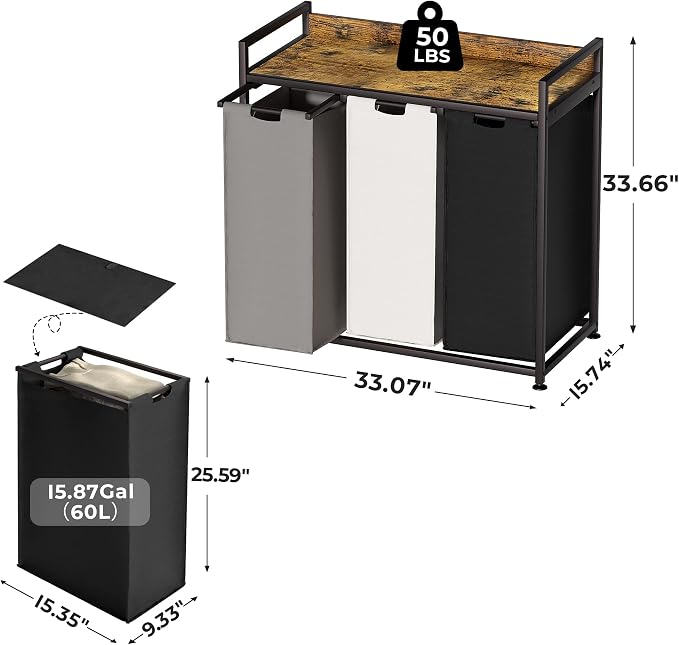 Herture Laundry Hampers with Shelf, Laundry Basket 3 Section, Laundry Sorter - Image 4