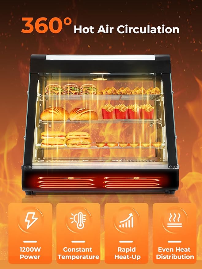 Commercial Food Warmer 26", 3-Tier Heated Display Case w/LED Light and Adjustable Thermostat, Removable Shelves, Countertop Pizza Pastry Warmer for Buffet Restaurant Bakery 1200W