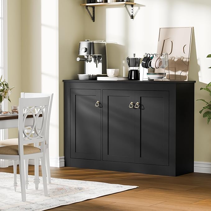 Cozy Castle Buffet Cabinet with Storage - Kitchen Storage Cabinet Wood Console Table Coffee Bar Accent Cabinets for Living Room Dining Room Entryway Black 44.5" W