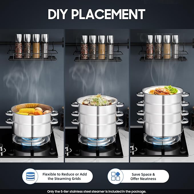 5-Tier Stainless Steel Steamer, 28cm Stackable Steamer with Clear Visible Lid, Large Capacity Cookware Steaming Pots for Bread, Dumplings, Vegetables