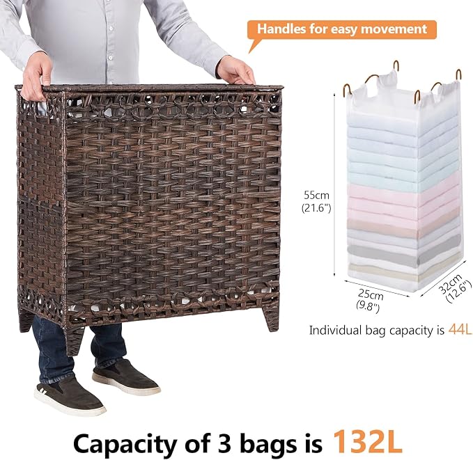 Laundry Hamper with 3 Removable Liner Bags, 132L Laundry Sorter with Lid - Image 4