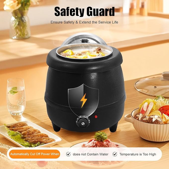 10.5QT Soup Warmers, Electric Soup Pot Commercial Soup Kettle with Stainless Steel Hinged Lid and Detachable Insert Pot, Temperature Control Knob for Restaurants and Party, Catering (Black)