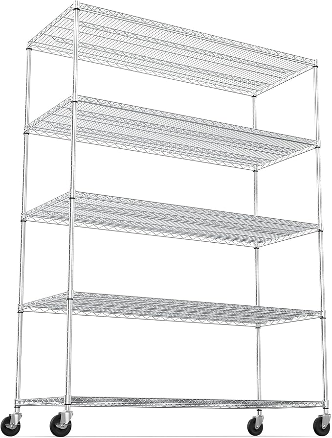 5 Tier 7500lbs Capacity NSF Metal Shelf Wire Shelving Unit, Heavy Duty Adjustable Storage Rack with Wheels & Shelf Liners for Commercial Grade Utility Steel Storage Rack, Chrome - 82"H x 60"L x 24"D