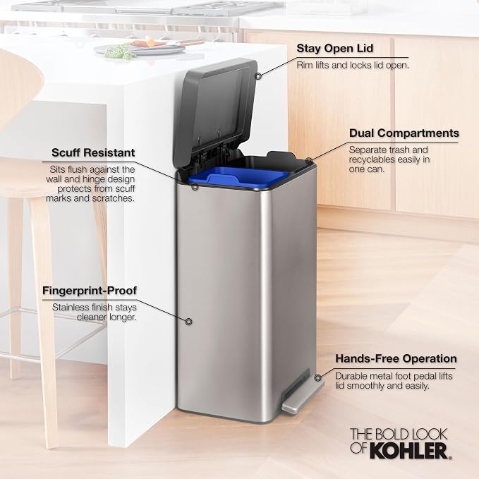 Kohler 20956-STW 11 Gallon Dual Compartment Trash Can, Quiet-Close Lid - Image 6