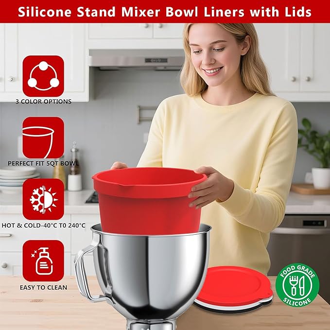 Silicone Liners for KitchenAid Tilt-Head 5QT Stand Mixers, 3 Colors Silicone Bowl Liners with Lids, Kitchen Aid Accessories and Attachments for Baking and Cooking, No Need for Replacement Bowls (3PCS)