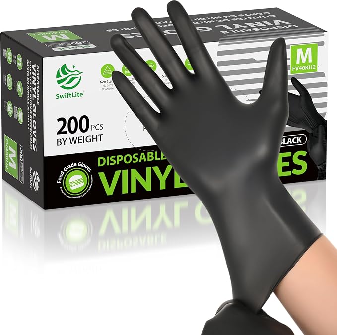 Black Vinyl Gloves, Food Grade Gloves Disposable Latex Free | Powder Free by SWIFTLITE