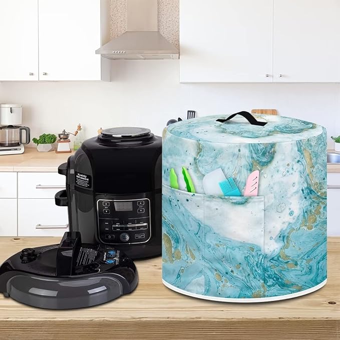 Dust Cover for Kitchen Accessories, for 6 Quart Pressure Cooker Air Fryer Rice Cooker Kitchen Appliance Dust Covers with Storage Pockets Dust-proof Washable, Sky Blue Marble