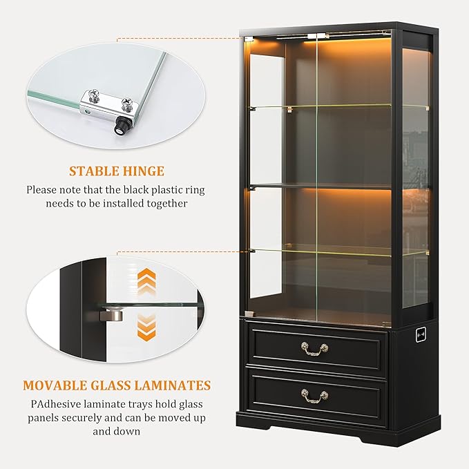 67" Tall Display Cabinet with Glass Doors and 2 Drawers, Adjustable Glass Height Bookcase, Curio Cabinet with 3 LED Lights and Human Body Sensor (Black)