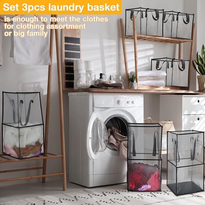Zopeal 3 Pack Collapsible Mesh Laundry Basket, Double-layer | 13 Inch Square - Image 3