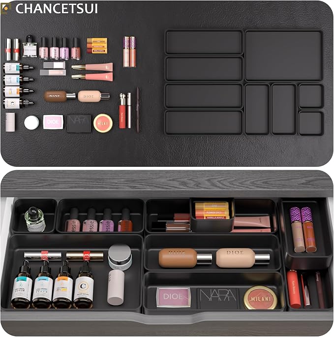 Black Bathroom Drawer Organizer Trays: 9 PC Stackable Desk Organizers Bin | - Image 3