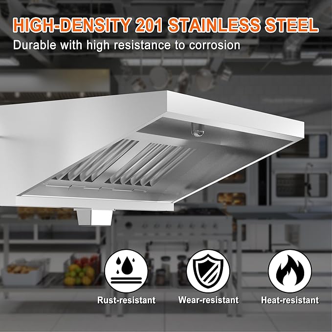 Commercial Exhaust Hood 6 FT Stainless Steel Concession Trailer Hood with 3 Removable Hood Filters(No Motor), Grease Cup and Hood Light, Rust Resistant Vent Hood for Commercial Kitchen, NSF Listed