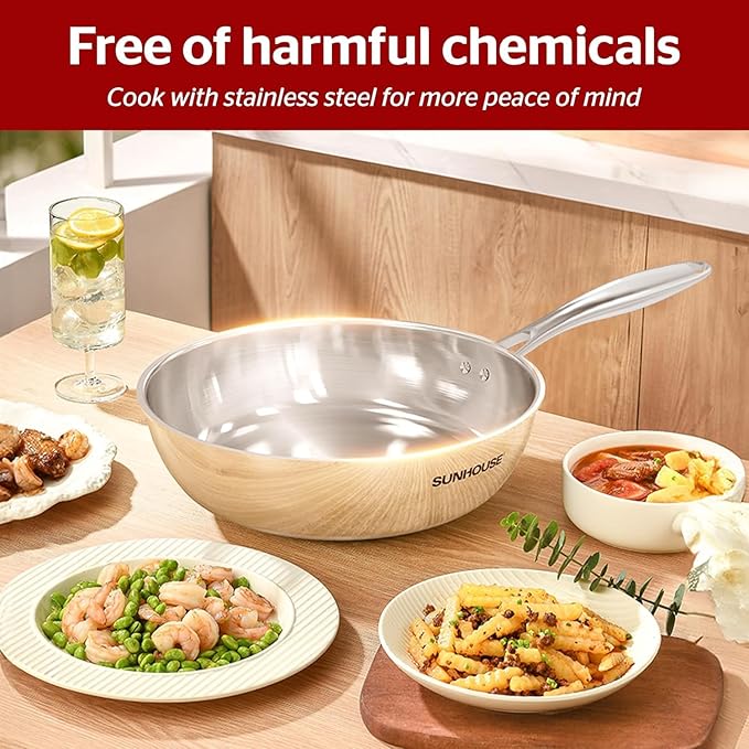 Sunhouse 10 Inch Tri-Ply Stainless Steel Frying Pan, Whole-Clad No Coatings Skillet with Stay-cool Handle for Cooking, Durable & Oven Safe to 500°F, Dishwasher Safe, Compatible with All Cooktops