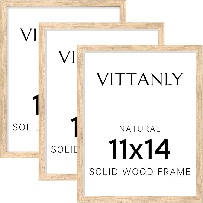 Vittanly 11x14 Picture Frame, Solid Wood Frame with Plexiglass, Includes 8x10 Mat, Wall Hanging for Home Decor, Natural, 3 Pack