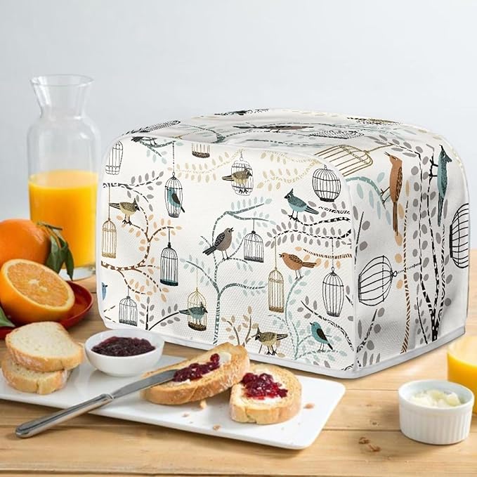 Art Birds Print Bread Maker Cover 4 Slice Dust-proof Microwave Toaster Oven Cover Washable, Anti Fingerprint Bread Machine Protector for Kitchen Accessories