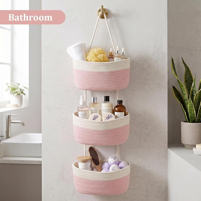TeoKJ Over the Door Hanging Basket, 3-Tier Woven Cotton Wall-Mounted Storage - Image 8