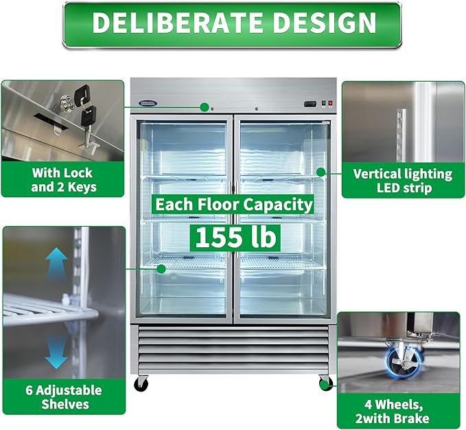 54" W Commercial Glass-Door Reach-In Refrigerator - Tempered Glass Double Door Fridge, 46 Cu.ft Capacity, 6 Adjustable Shelves, Auto Defrost, Digital thermostat control, LED Lighting