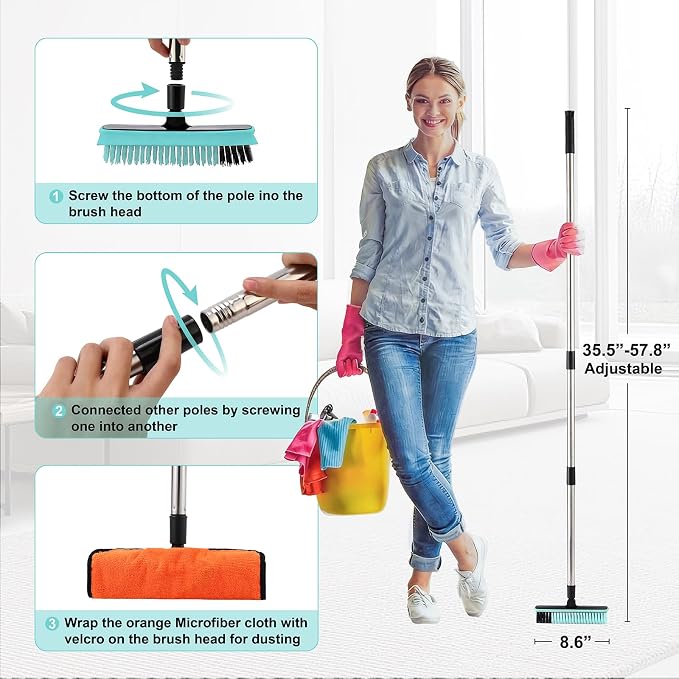 Grout Cleaner Brush with Long Handle, V-Shaped Floor Scrub Brush Swivel Grout - Image 4