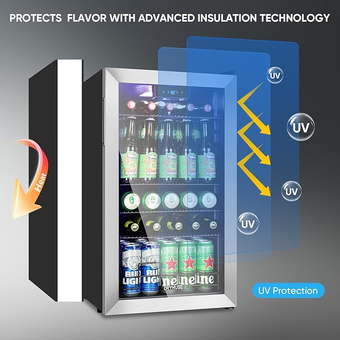3.2 Cu.Ft Beverage Refrigerator with Compressor Cooling, 130 Can Glass Door Mini Fridge for Soda, Beer & Wine, Adjustable Shelves, Digital Temperature Control, for Home, Office & Bar
