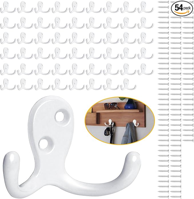 Homanu 54 Pack Coat Hooks, Heavy Duty Double Prong Coat Hooks Wall Mounted by Homanu
