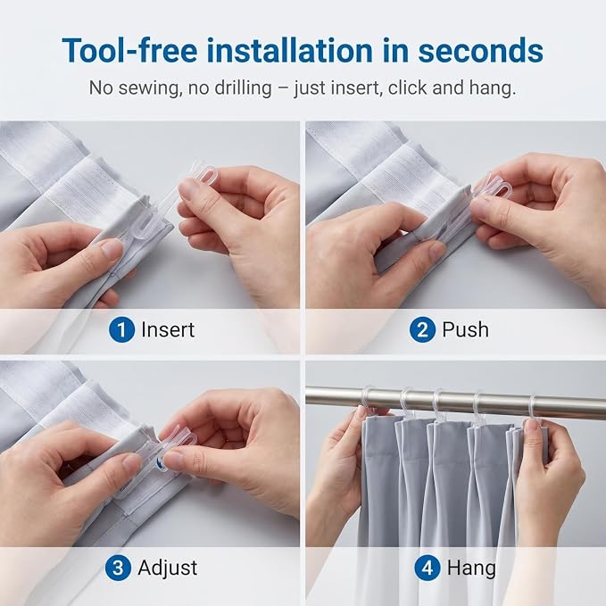 80PCS Adjustable Pinch Pleat Curtain Hooks – Ratchet System Plastic Clips - Image 2
