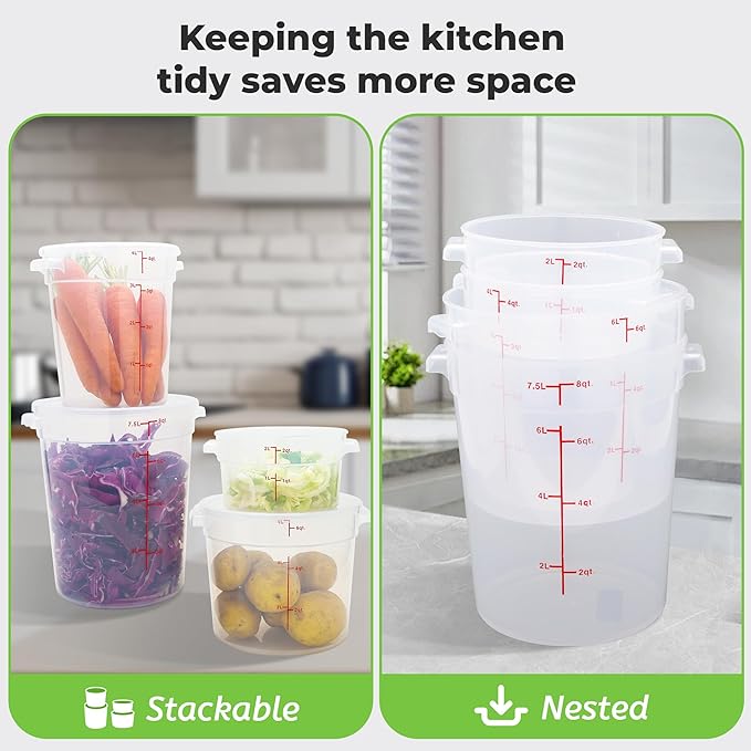 4 Pack Round Food Storage Containers with Lids, 8Qt Translucent Commercial Food Container, Polypropylene, BPA Free, Includes Labels & Measuring Cups