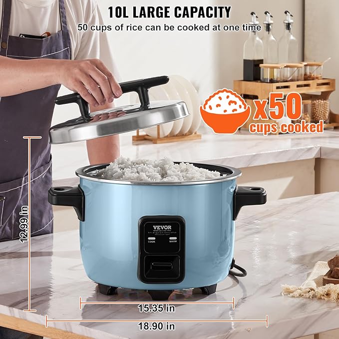 VEVOR Commercial Rice Cooker, 50-Cup Rice Cooker, 10.57 Qt / 10 Liter Large Rice Cooker and Warmer with Nonstick Inner Pot, Fast Cooking and 24-Hour Keep Warm, with Rice Cup and Paddle, for Restaurant