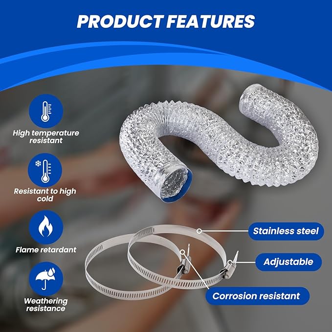 Dryer Vent Hose 4 Inch x 16FT - Flexible Aluminum Dryer Hose with 2 Clamps - Heavy-Duty 6-Layer Dryer Vent Hose for Tight Spaces, HVAC, Bathroom, and Kitchen Exhaust Ventilation