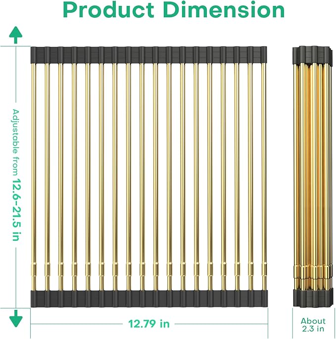 Large Telescopic Draining Rack, Gold Roll Up Heat-Resistant Dish Drainer for Stainless Steel Sinks, Non-Slip Silicone Rolling Dish Drainer Roll Rack 18 tube12.59-21.25x12.79''