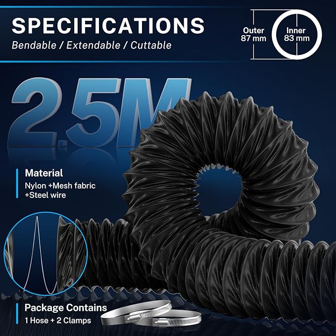 Hon&Guan Diesel Heater Ducting 3" x 8FT, Nylon Flexible Duct Hose, Heavy Duty Hose for Diesel Heater, 3D Printer, Laser Machine, Dryer Vent, RV, Boat Blower, Black