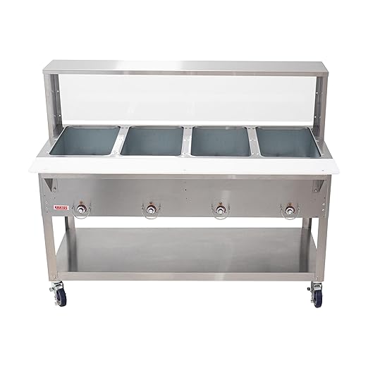 Kratos Commercial Mobile Electric Steam Table/Hot Food Table with Overshelf and Sneeze Guard, 4 Wells, Stainless Steel, NSF, 120V (28W-203)