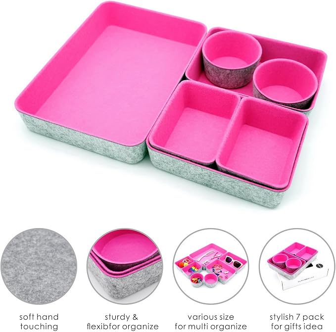 Welaxy Drawer organizer bins felt tray desk storage dividers 7pc Hot pink - Image 3