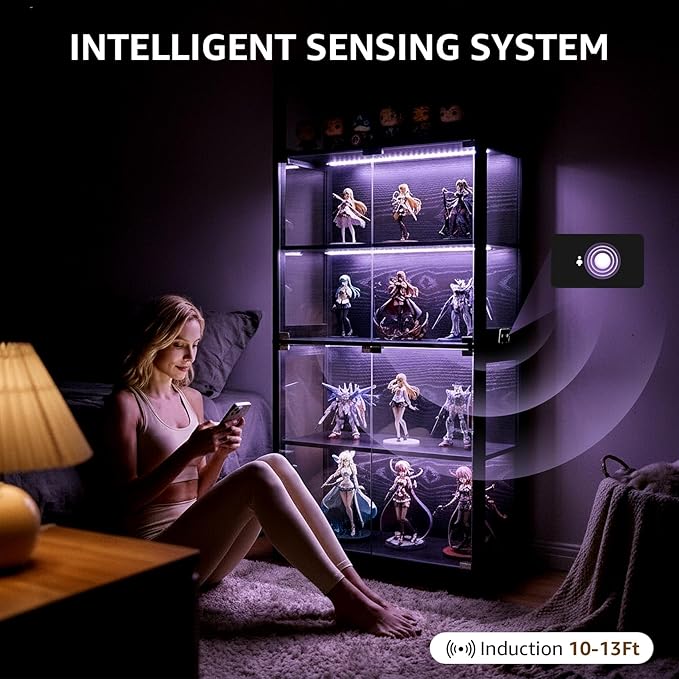 70.8" H Glass Display Cabinet - 5-Tier Curio Cabinet with RGB LED Lights for Collectibles - Large Glass Display Case with Human Body Sensor for Bedroom Living Room Office - Black
