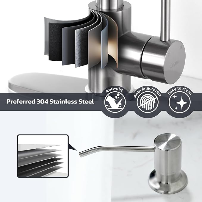 WEWE Kitchen Faucet with Soap Dispenser, Stainless Steel, Brushed Nickel | 2 - Image 4