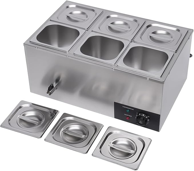 Countertop Steam Table Food Warmer Stainless Steel Commercial Buffet Warmer 6-Pan 600W Portable Electric Food Warmer Steam Table 19.2Qt(18L) for Restaurants, Catering, Buffets