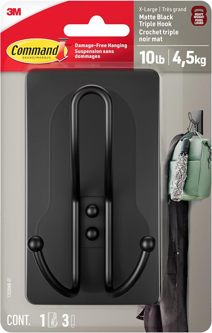 Command X-Large Black Triple Hooks, 1 Hook, 3 Strips | Heavy Duty, Damage-Free by Unknown