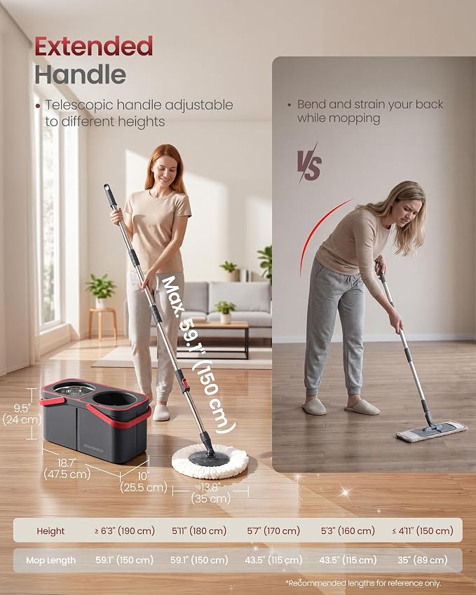 SONGMICS Spin Mop and Bucket Set, 4 Washable Microfiber Mop Heads - Image 6