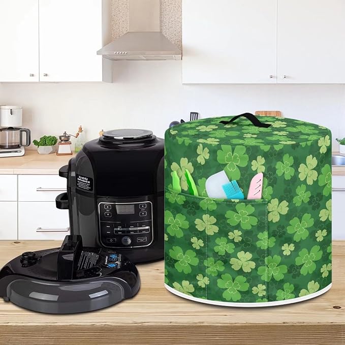 Four Leaf Clover Shamrock Print Dust Cover for 8 Quart Instant Pot, St. Patrick's Day Dust Proof Pressure Cooker Cover Electric Appliance Cover Air Fryer Accessories with Pocket and Handle