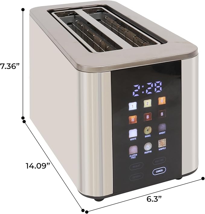 Kenmore 4-Slice Long Slot Toaster - Color Touch Screen & 6 Shade Settings, Extra Wide Slots, Digital Timer, Customizable Smart Presets, Reheat, Defrost, Add Time Functions, Stainless Steel
