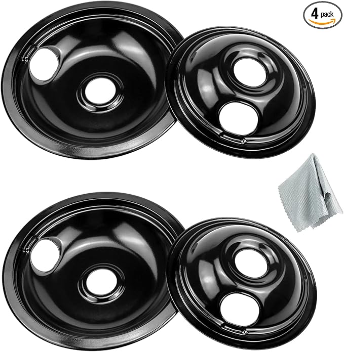 Black Porcelain Drip Pans Set 4-Pack 318067041 & 318067051 Compatible with Frigi-daire Ken-more Range Oven Replaces Electric Range Stove Burner 5304430149,5304430150 by Fetechmate